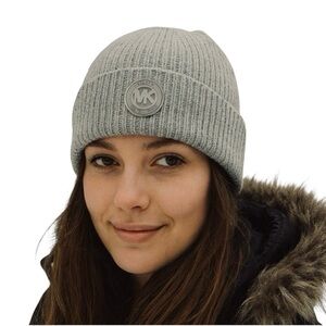 Michael Kors Women's Rib Rubber Patch Logo Cuffed Beanie Gray